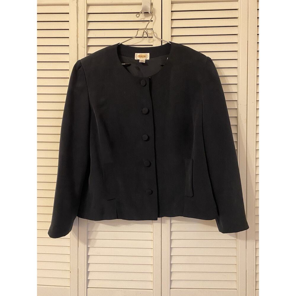 Talbots Women’s Silk Sz 14 Navy Blue Blazer Cardigan Button Up Lined Jacket